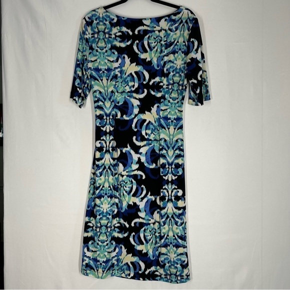 Connected Apparel Multicolor Round Neck Ruched Waist Stretch Sheath Dress Sz 12 - Picture 4 of 9